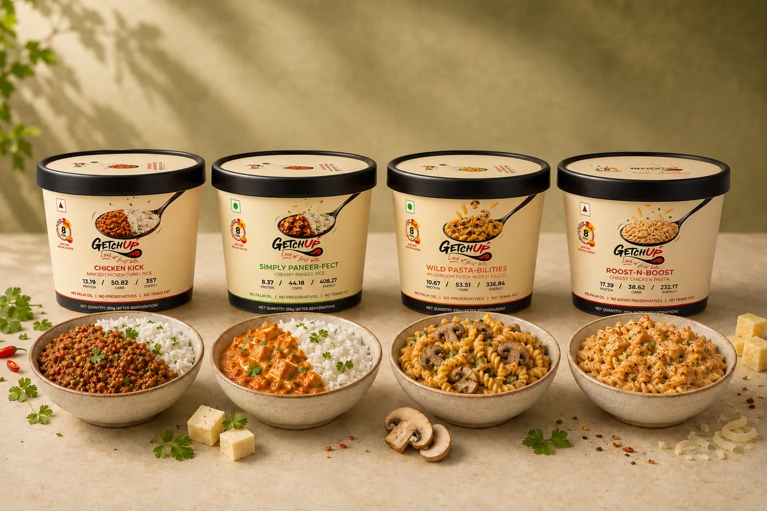 Four Getchup meals with prepared bowls