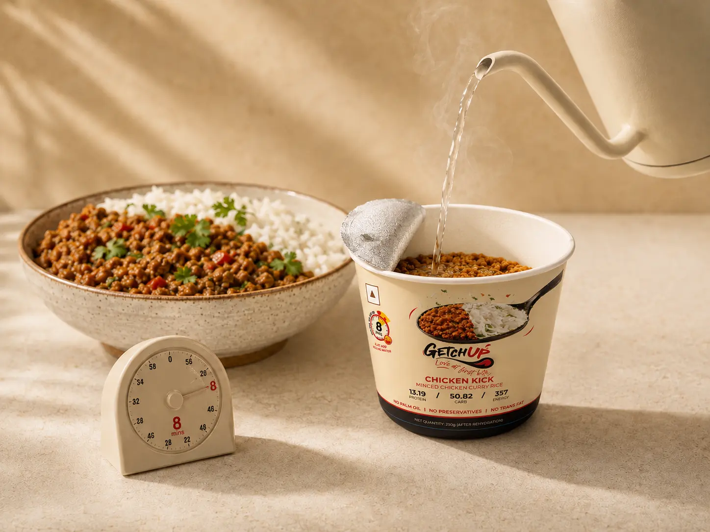 Boiling water being added to an open Getchup Chicken Kick bowl